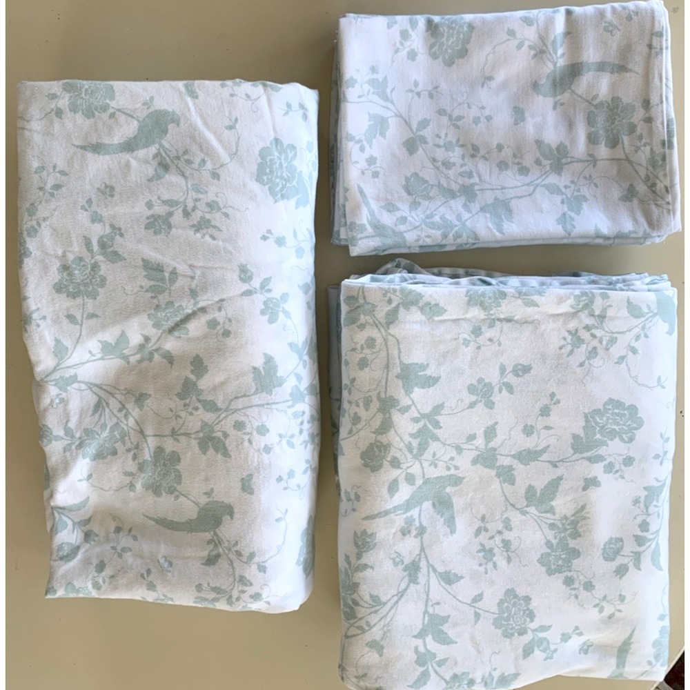 Laura Ashley QUEEN Sheet Set Soft Cottage Core Floral Birds White & Aqua 4PC